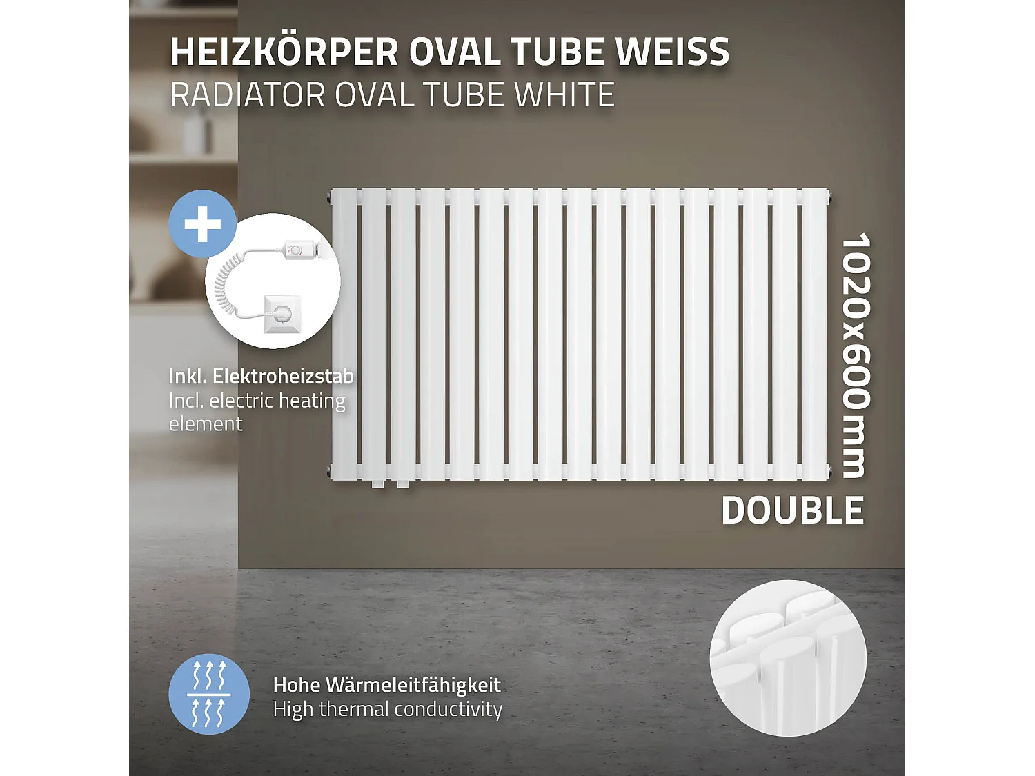 Radiateur électrique blanc 1020x600 mm double couche + elément chauffant 600W