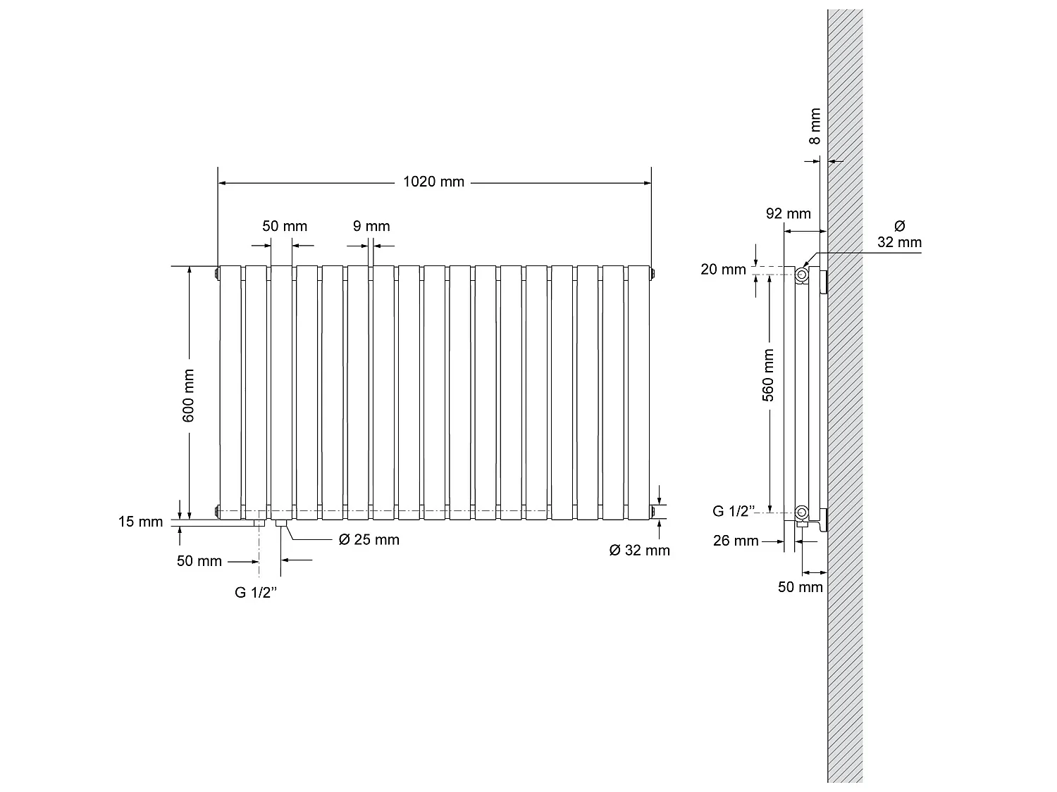 Radiateur électrique blanc 1020x600 mm double couche + elément chauffant 600W