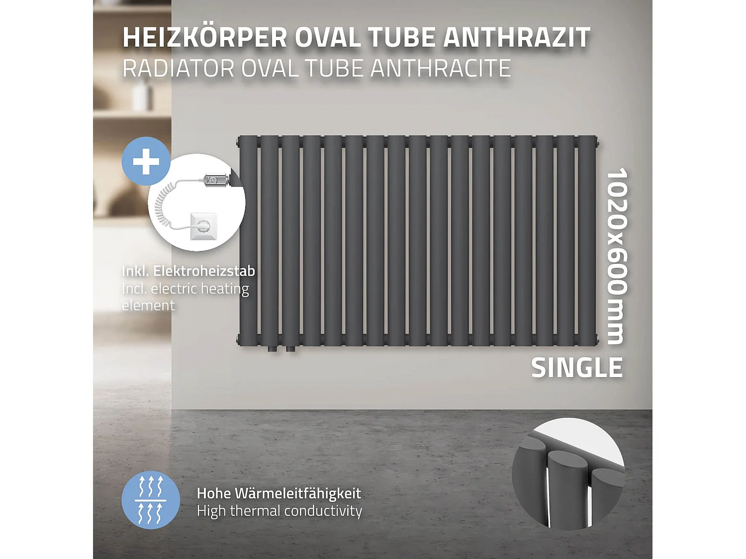 Radiador monocapa tubo ovalado antracita 1020x600mm con varilla calefactora 300W