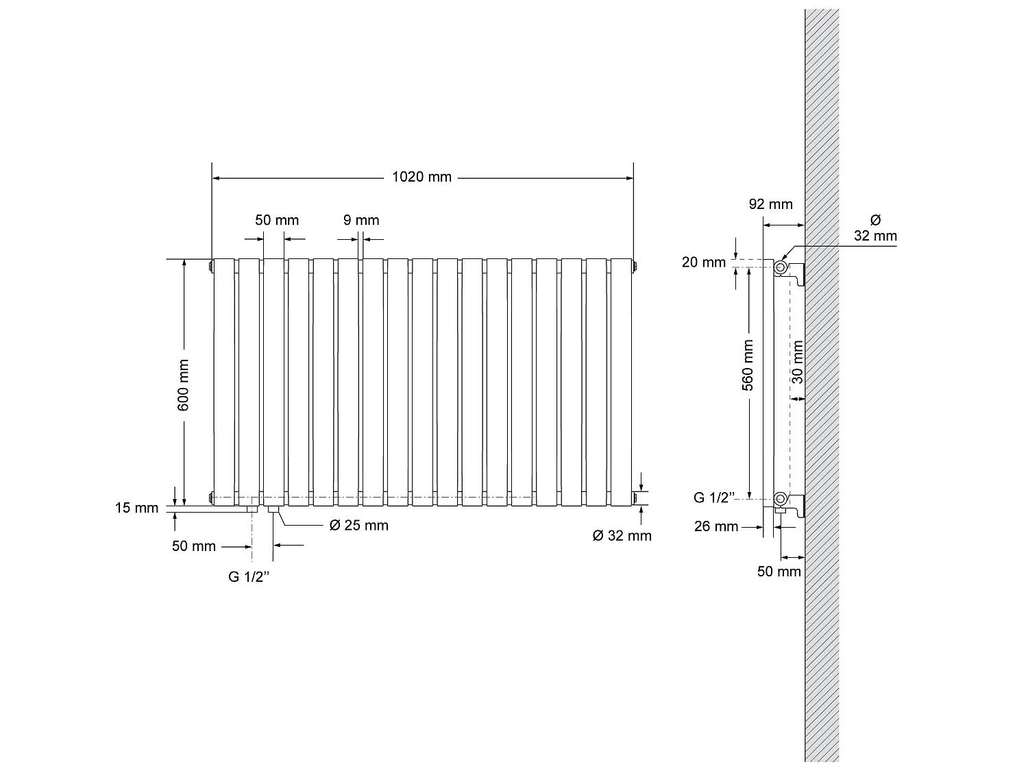 Radiador monocapa tubo ovalado antracita 1020x600mm con varilla calefactora 300W