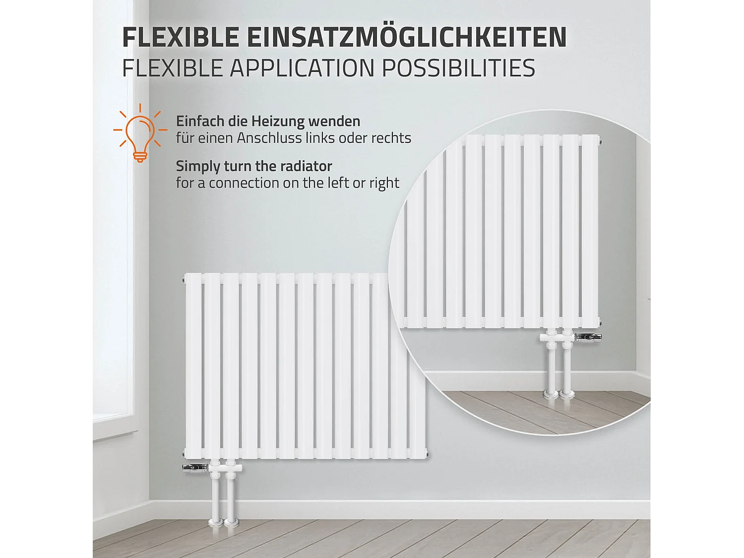 Radiateur blanc double couche raccord à gauche au sol traversante 1020 x 600 mm