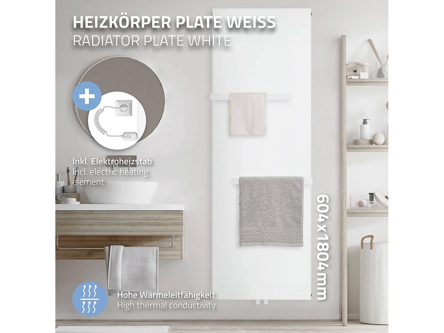 Radiateur électrique blanc élément chauffant 1200W 2 porte-serviettes 604x1800mm