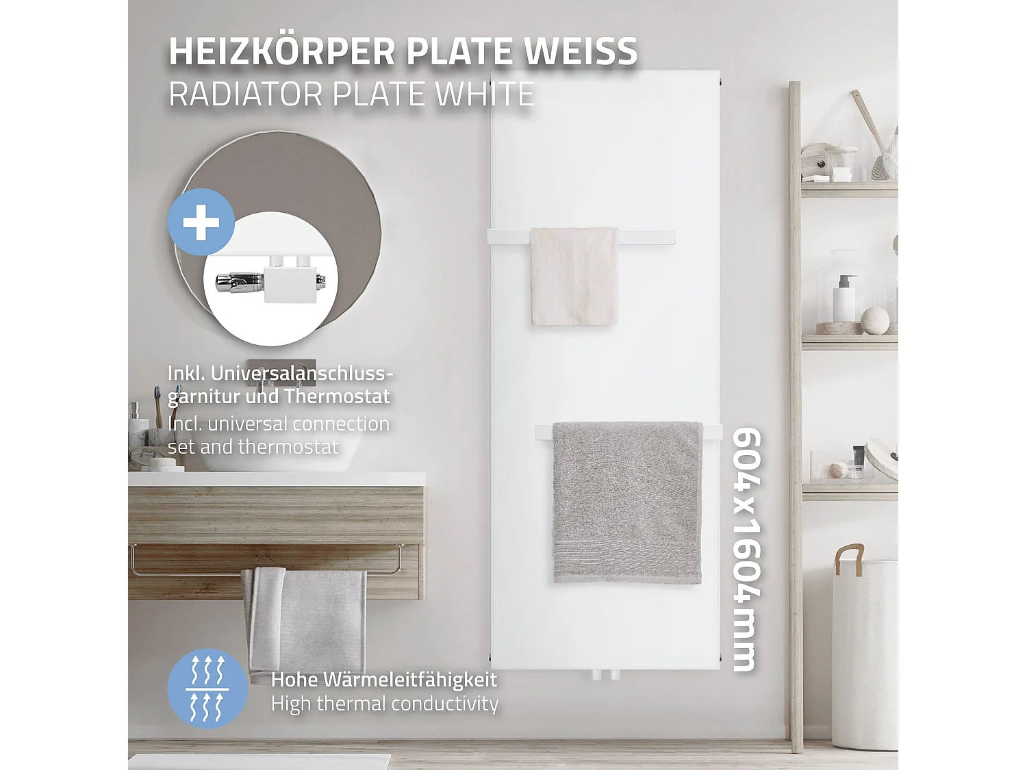 Radiateur vertical blanc 604x1600 mm avec raccord universel et 2 porte-serviette