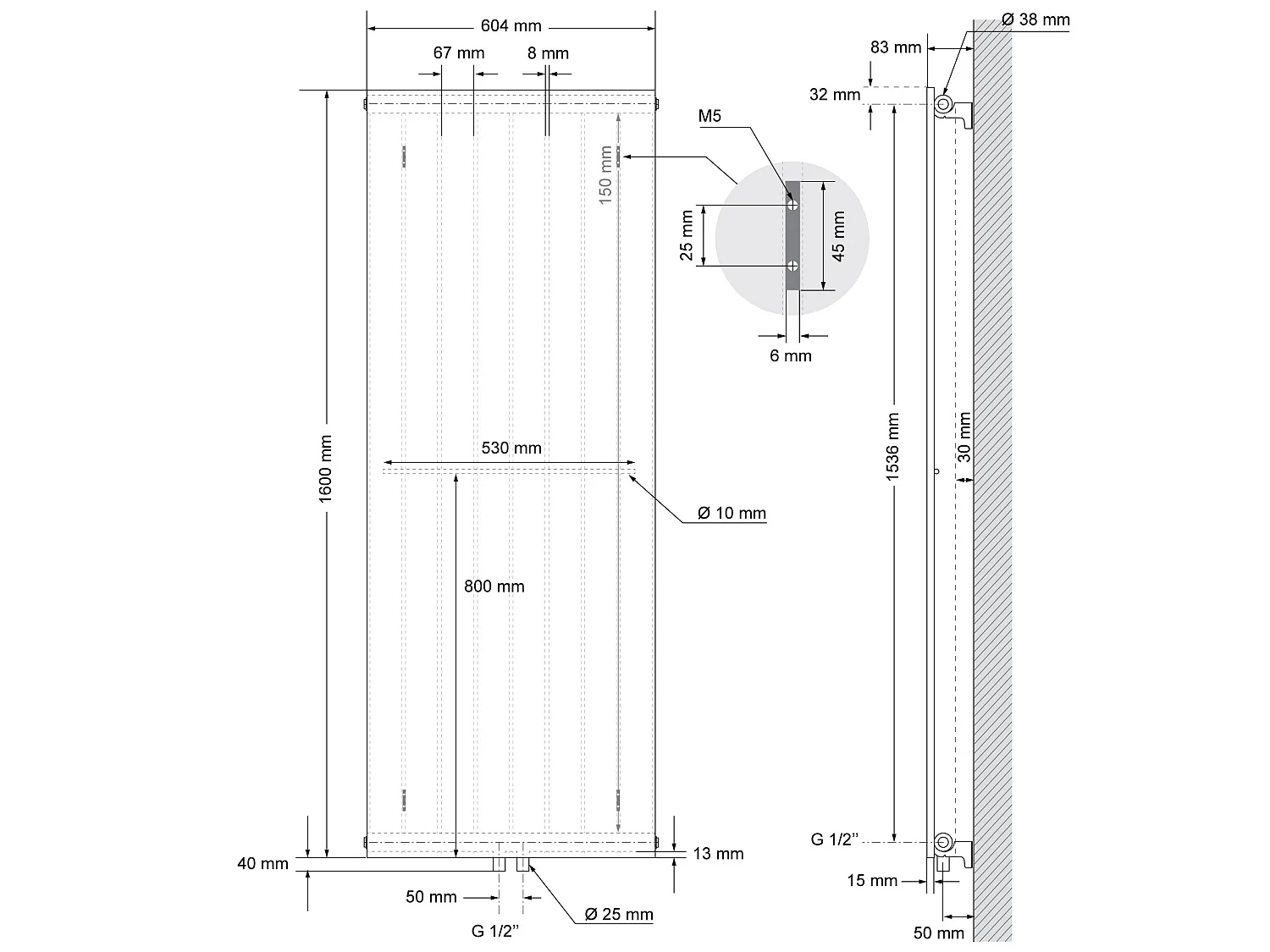 Radiateur vertical blanc 604x1600 mm avec raccord universel et 2 porte-serviette