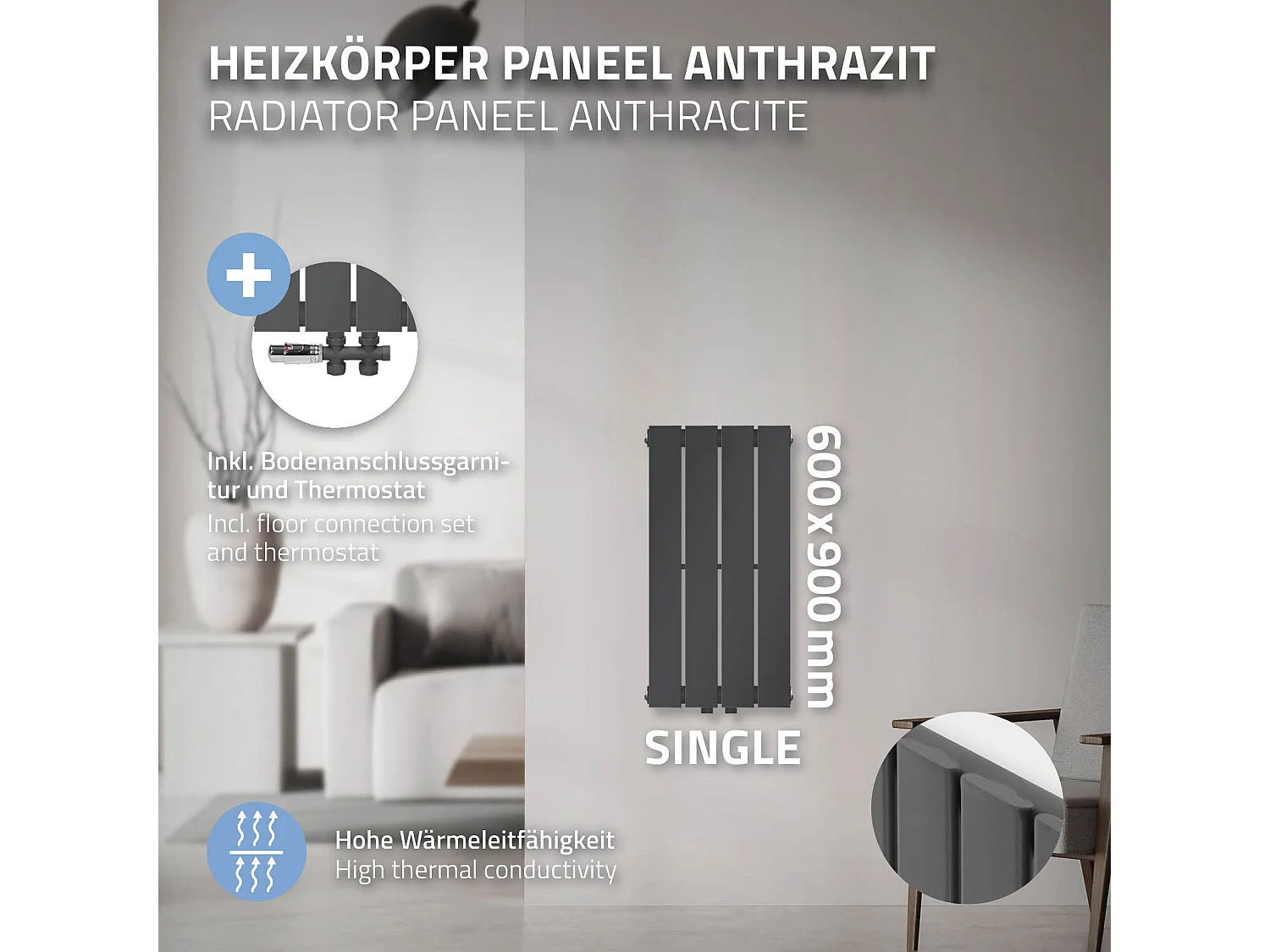 Radiateur anthracite avec raccord central au sol version traversante 300x600 mm