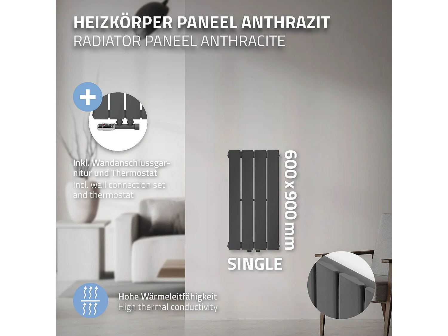 Radiateur panneau simple couche raccord mural forme d'angle anthracite 300x600mm