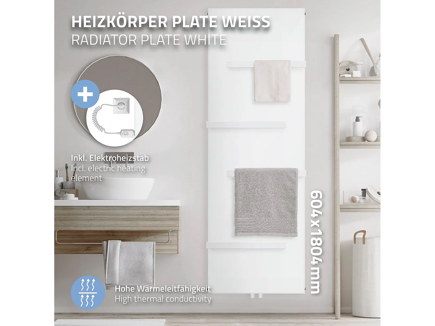 Radiateur électrique blanc élément chauffant 1200W 4 porte-serviettes 604x1800mm