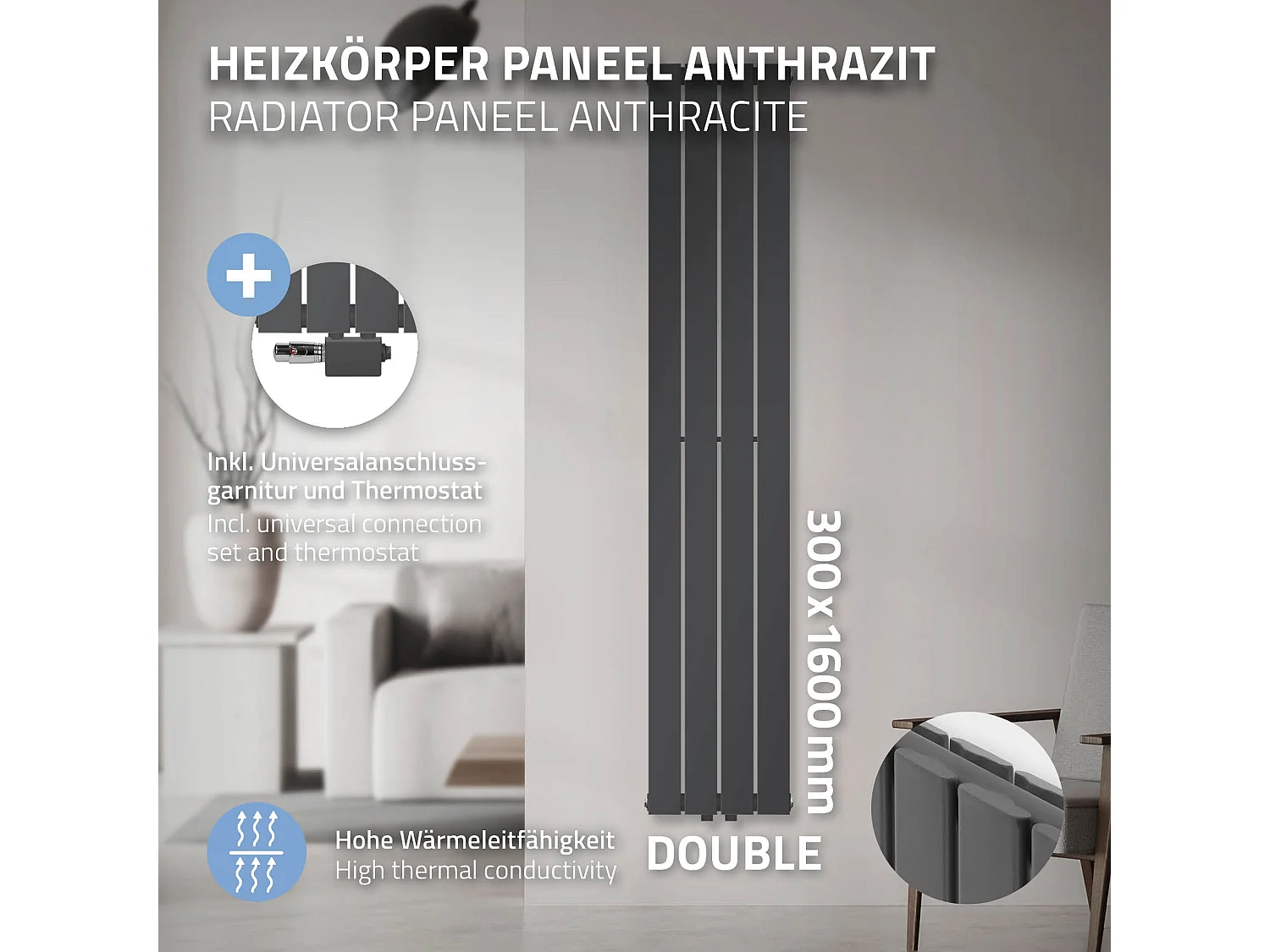 Radiateur à panneaux double couche anthracite 300x1600 mm raccord universal