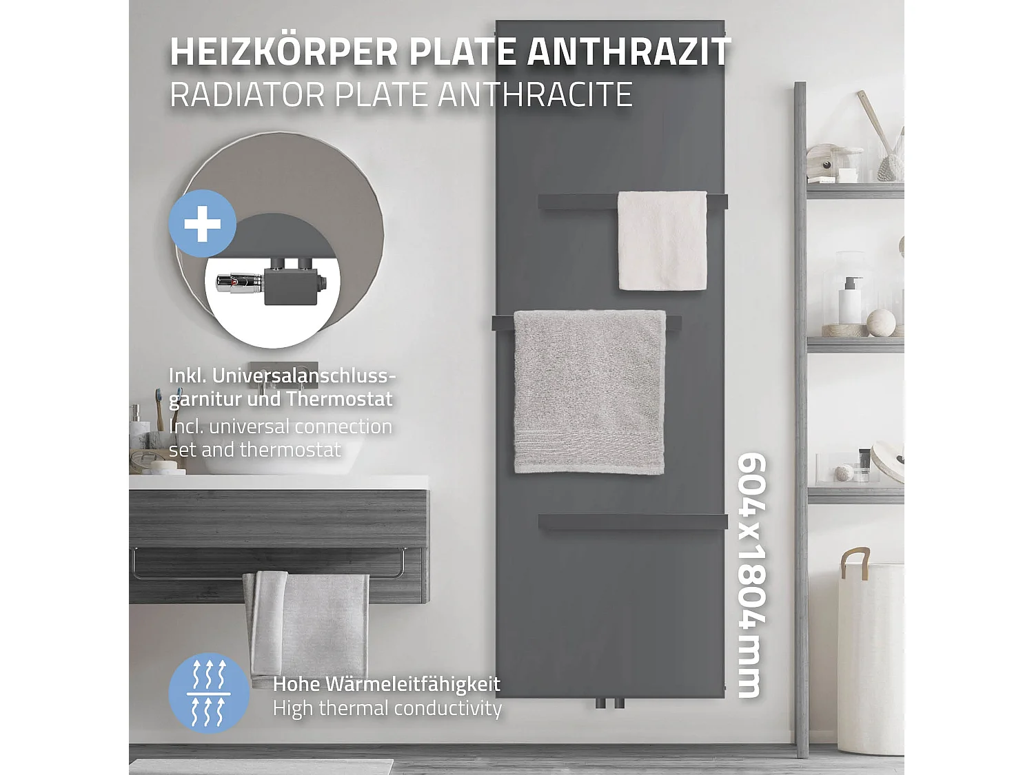Radiateur vertical anthracite 604x1800 mm raccord universel 3 porte-serviette