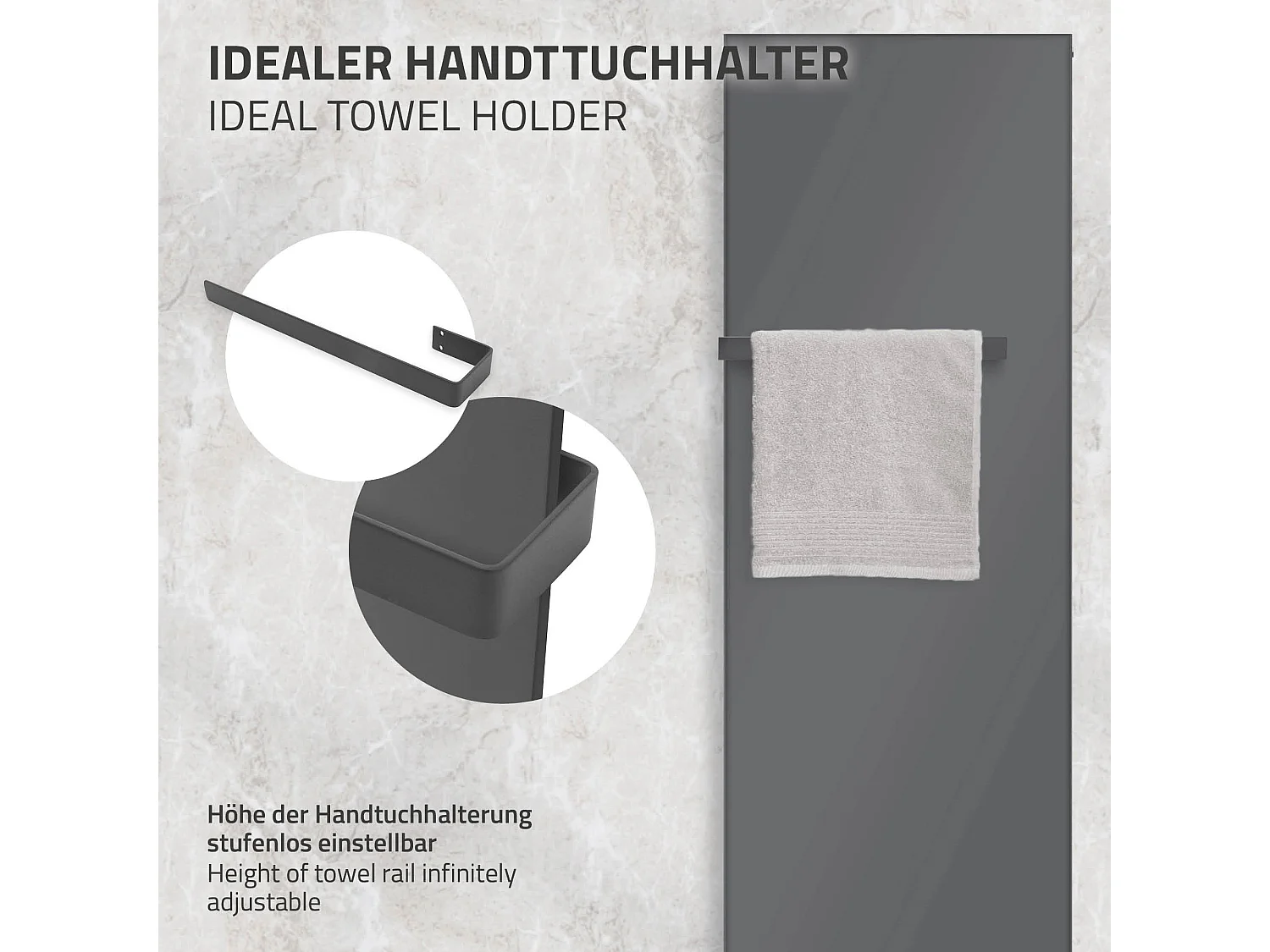 Radiateur vertical anthracite 604x1800 mm raccord universel 3 porte-serviette