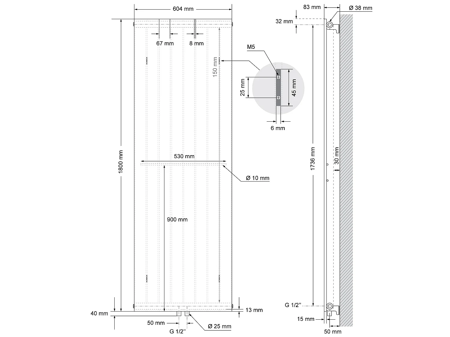 Radiateur vertical anthracite 604x1800 mm raccord universel 3 porte-serviette