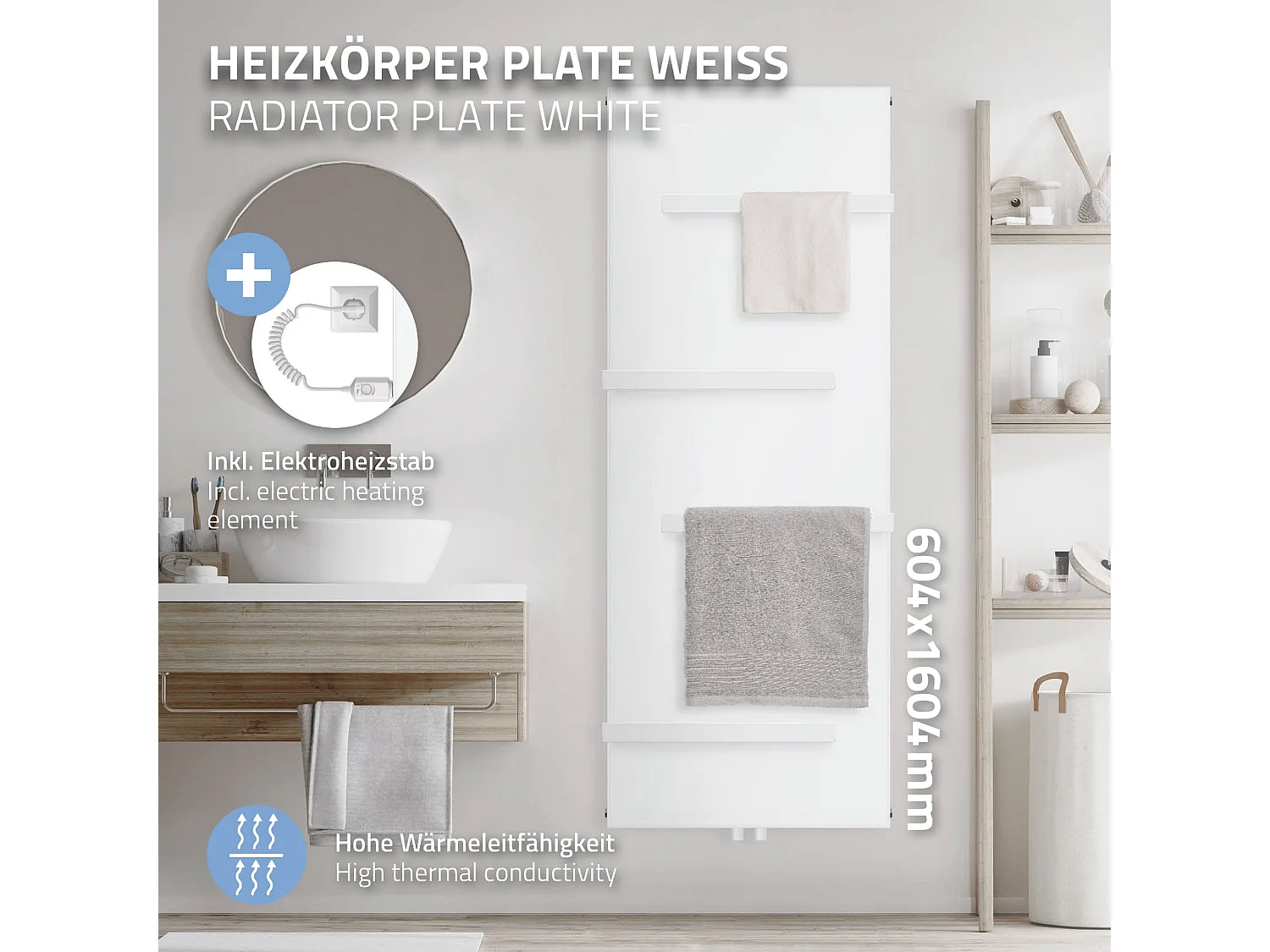 Radiateur plat blanc élément chauffant 1200W 4 porte-serviettes 50cm 604x1600 mm