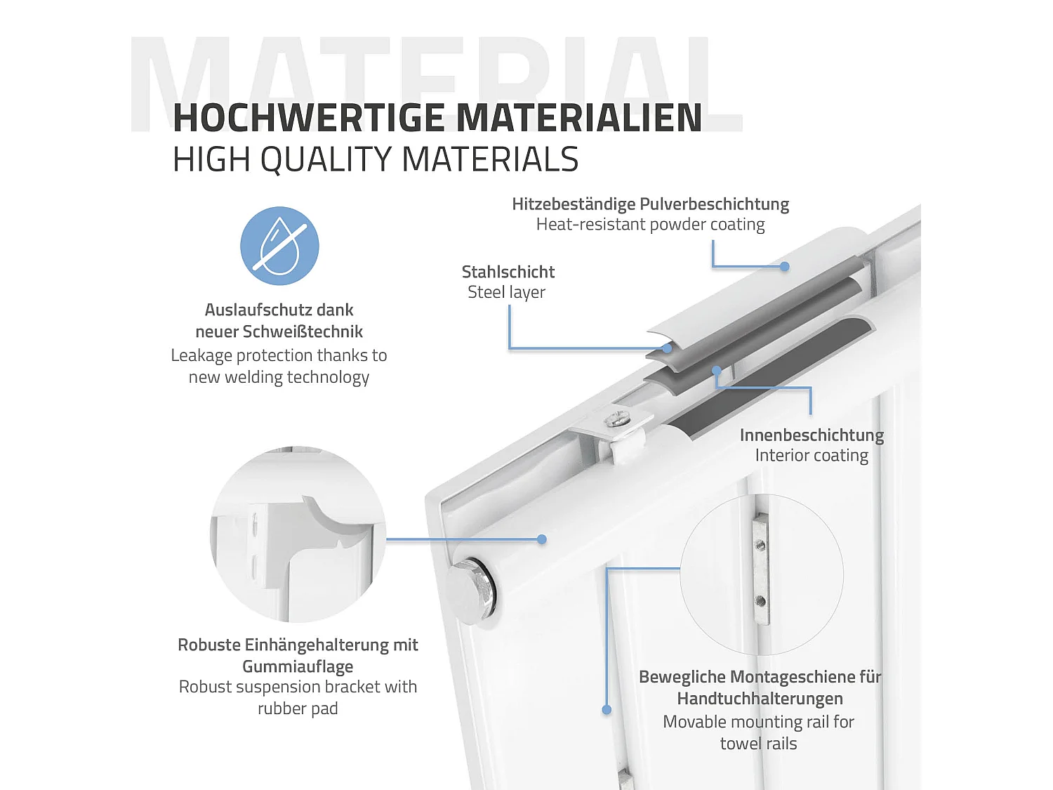 Radiateur plat blanc élément chauffant 1200W 4 porte-serviettes 50cm 604x1600 mm