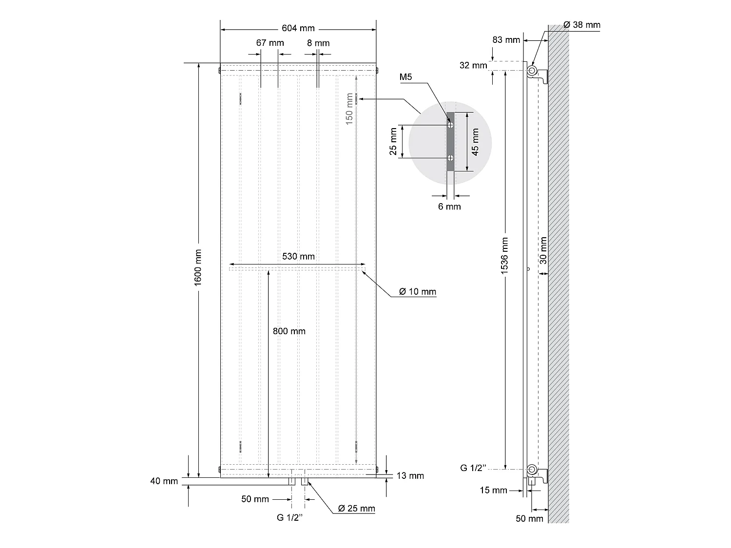Radiateur plat blanc élément chauffant 1200W 4 porte-serviettes 50cm 604x1600 mm