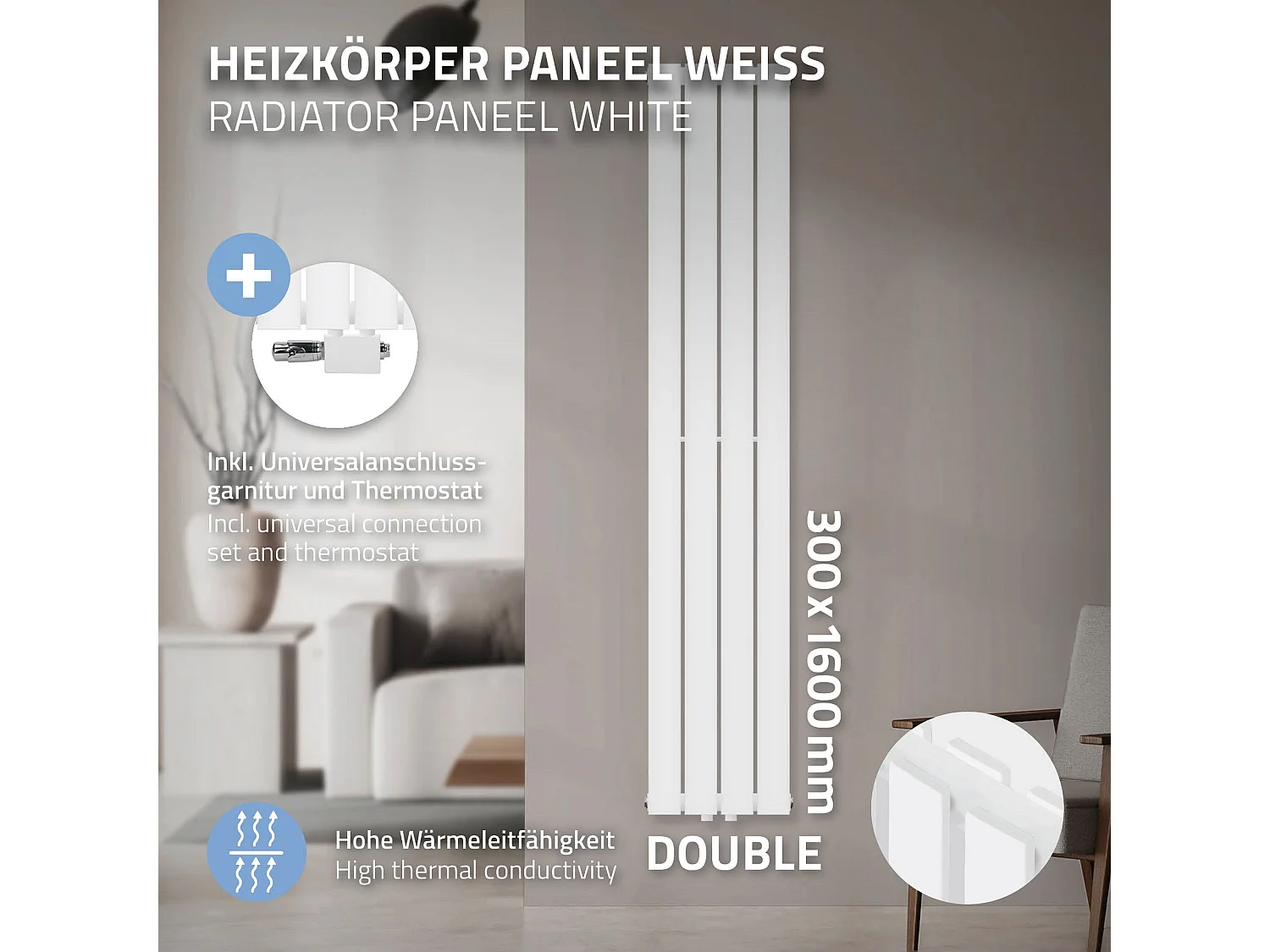 Radiateur blanc double couche 300x1600 mm raccord central universel thermostat