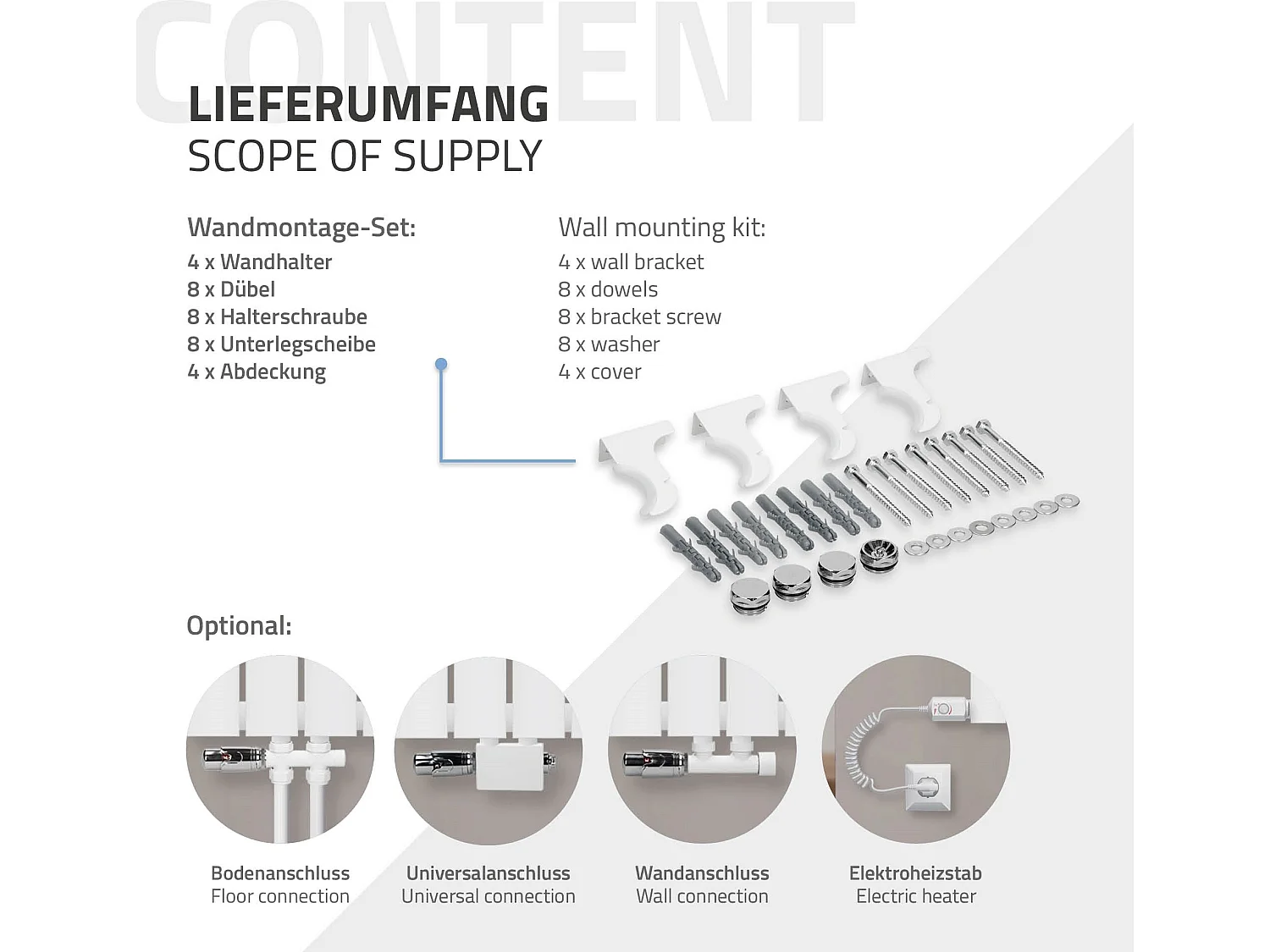 Radiateur blanc double couche 300x1600 mm raccord central universel thermostat