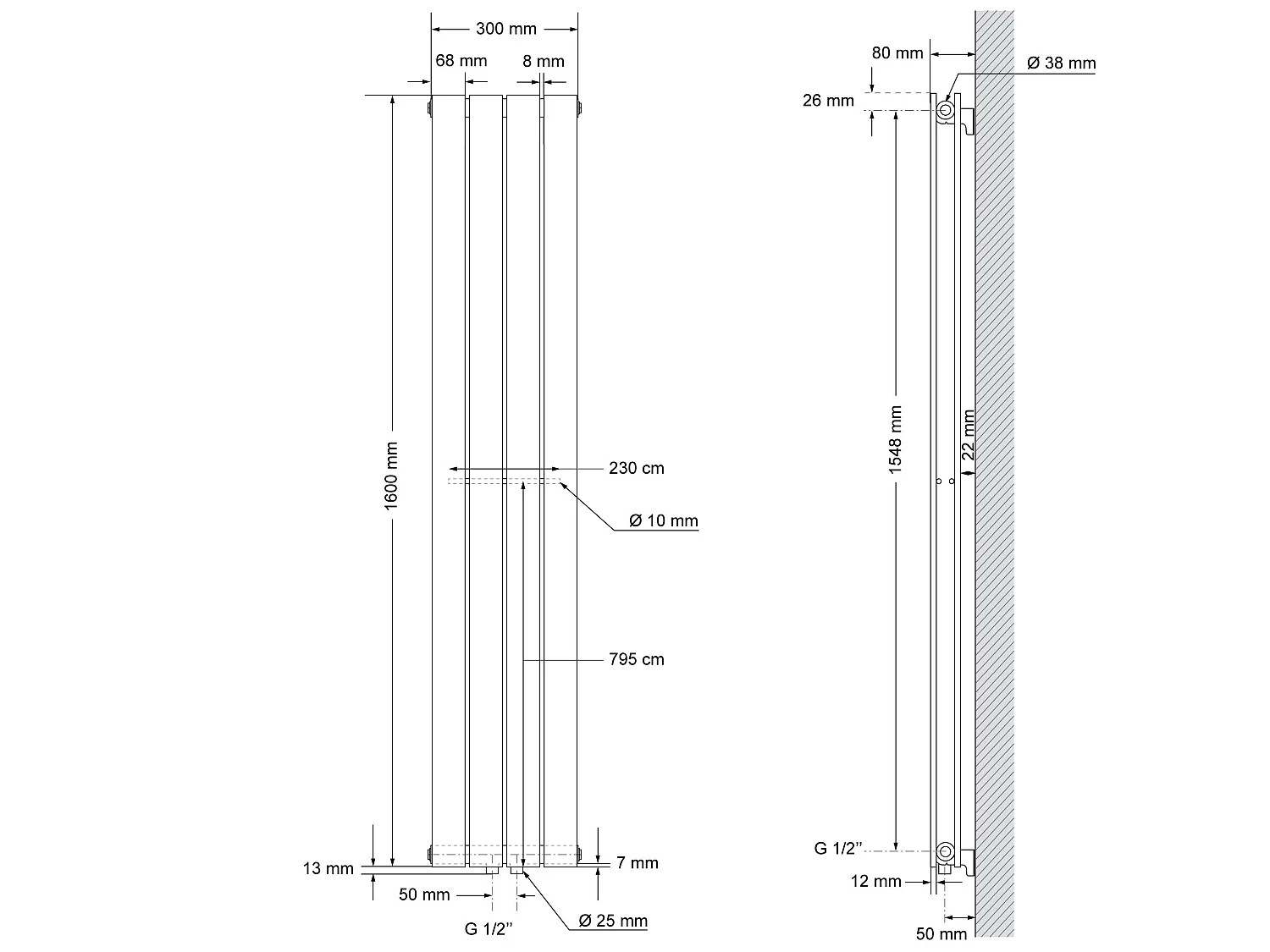 Radiateur blanc double couche 300x1600 mm raccord central universel thermostat