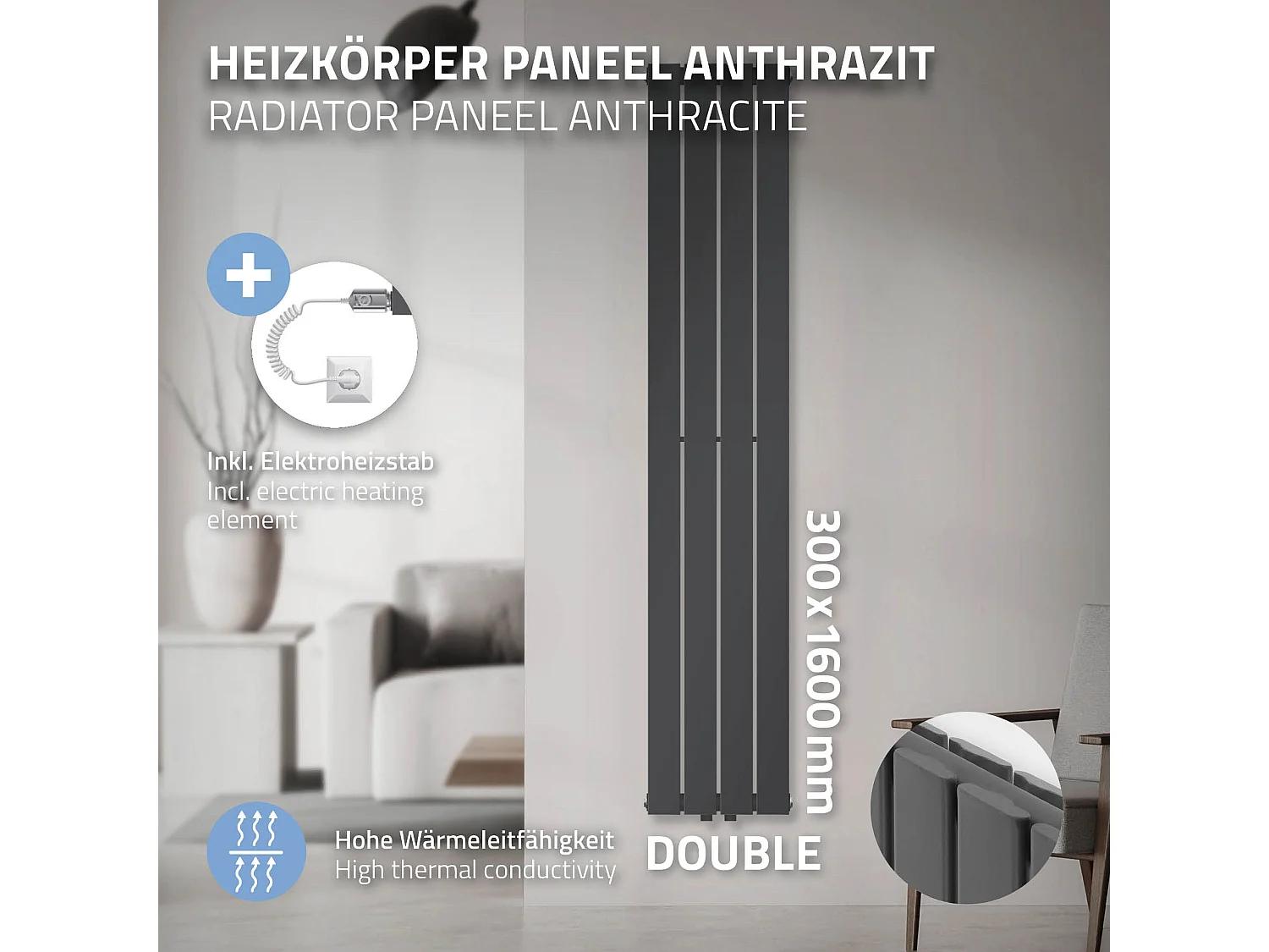 Radiateur à panneaux double couche anthracite 300x1600mm élement électrique 900W