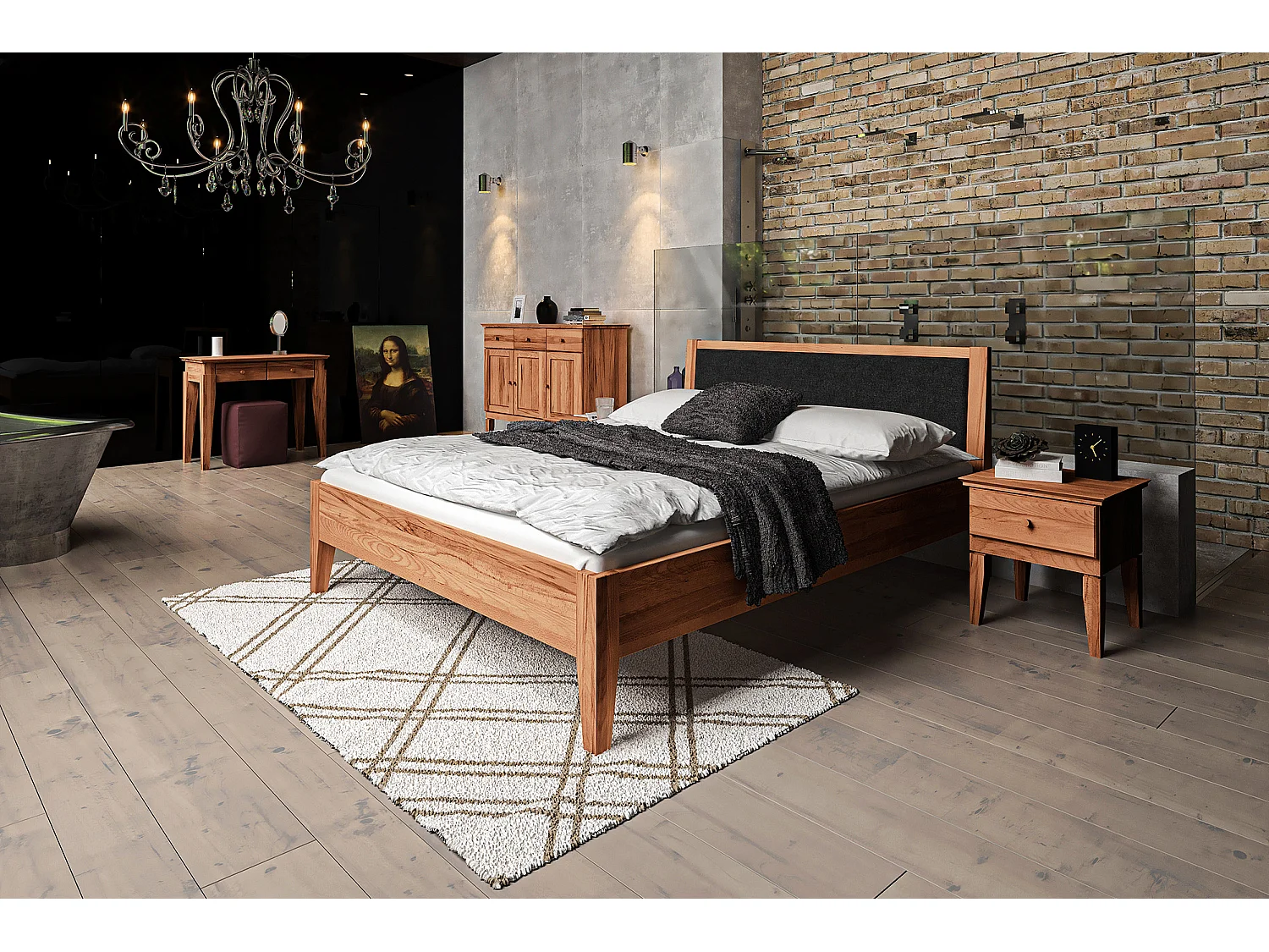 ODYS - Bett  mit Gepolsterem Kopfteil 180x200 cm  aus Kernbuche naturgeölt