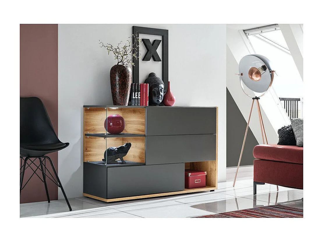 Buffet 3 Portes & 3 Niveaux "Silk" 120cm Gris & Naturel