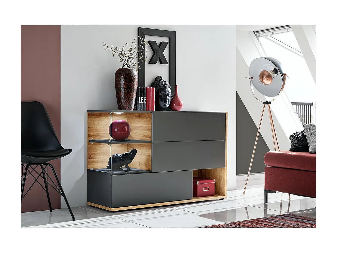 Buffet 3 Portes & 3 Niveaux "Silk" 120cm Gris & Naturel