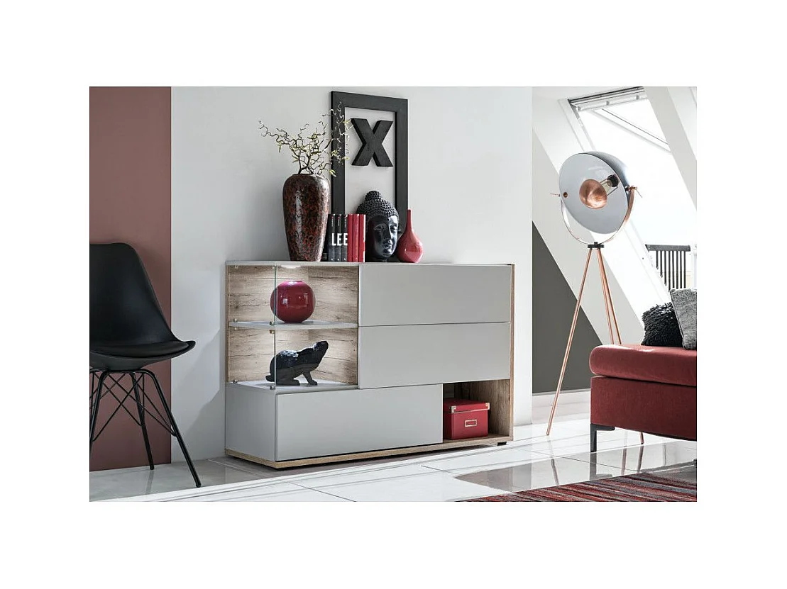 Buffet 3 Portes & 3 Niveaux "Silk" 120cm Gris Clair & Naturel