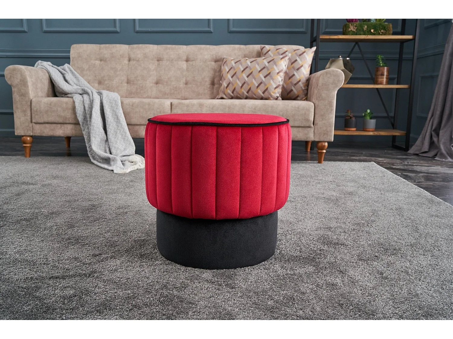 Pouf rond Goren D40cm Velours Noir et Rouge