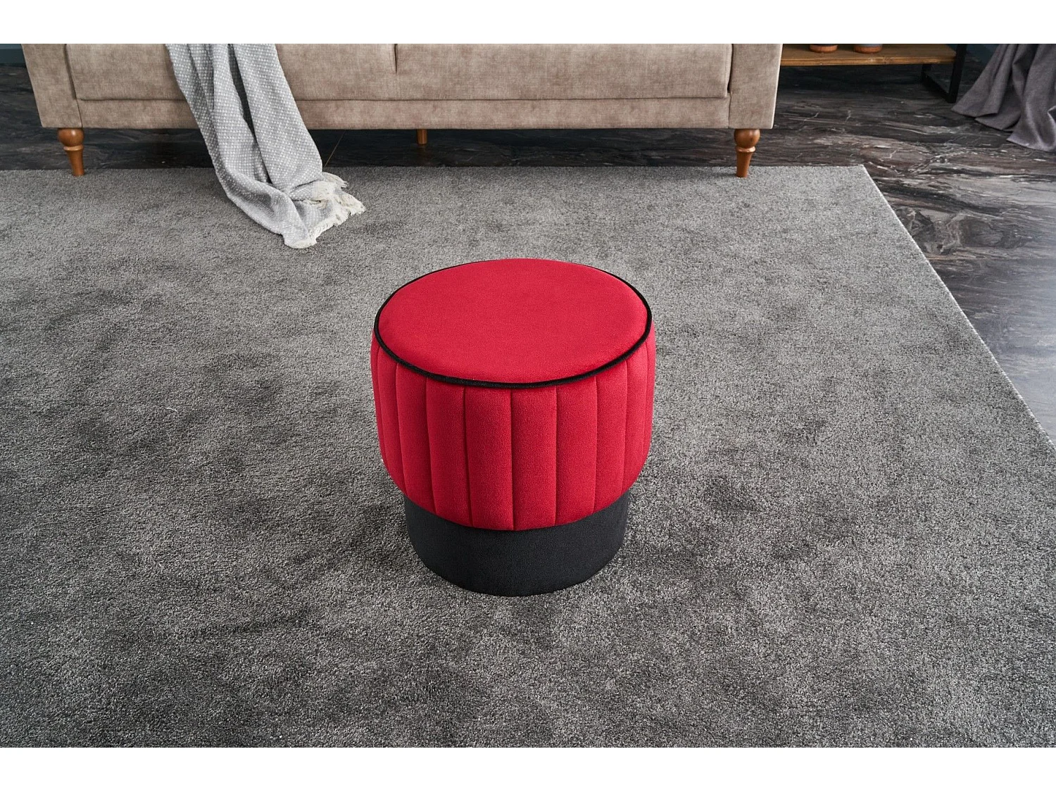 Pouf rond Goren D40cm Velours Noir et Rouge
