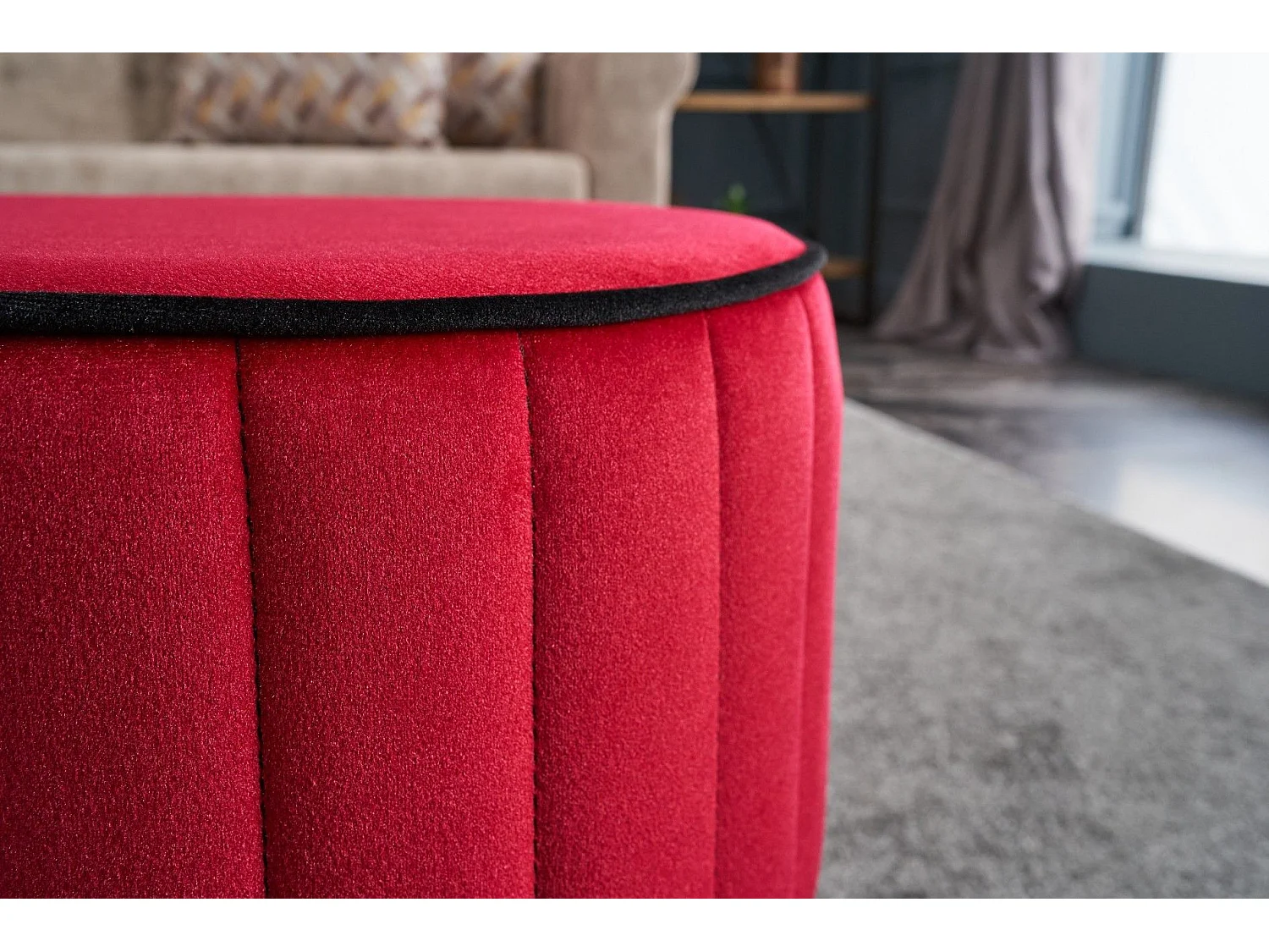 Pouf rond Goren D40cm Velours Noir et Rouge