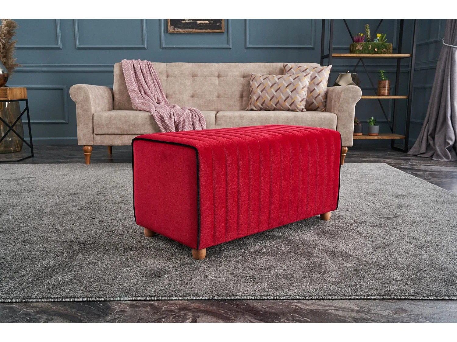 Pouf Sammy 80x40cm Velours Rouge bordure Noir