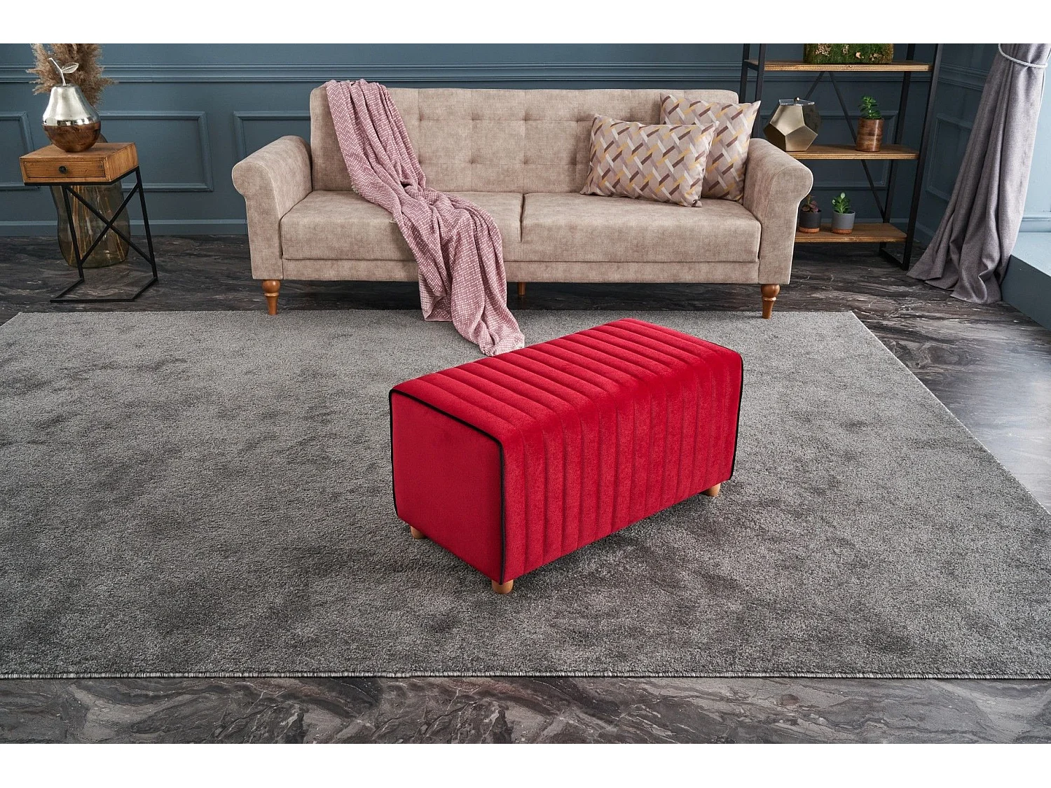 Pouf Sammy 80x40cm Velours Rouge bordure Noir