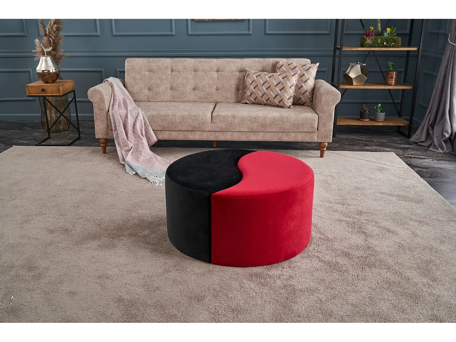Lot de 2 poufs puzzle Ratsel L43xH40cm Velours Noir et Rouge