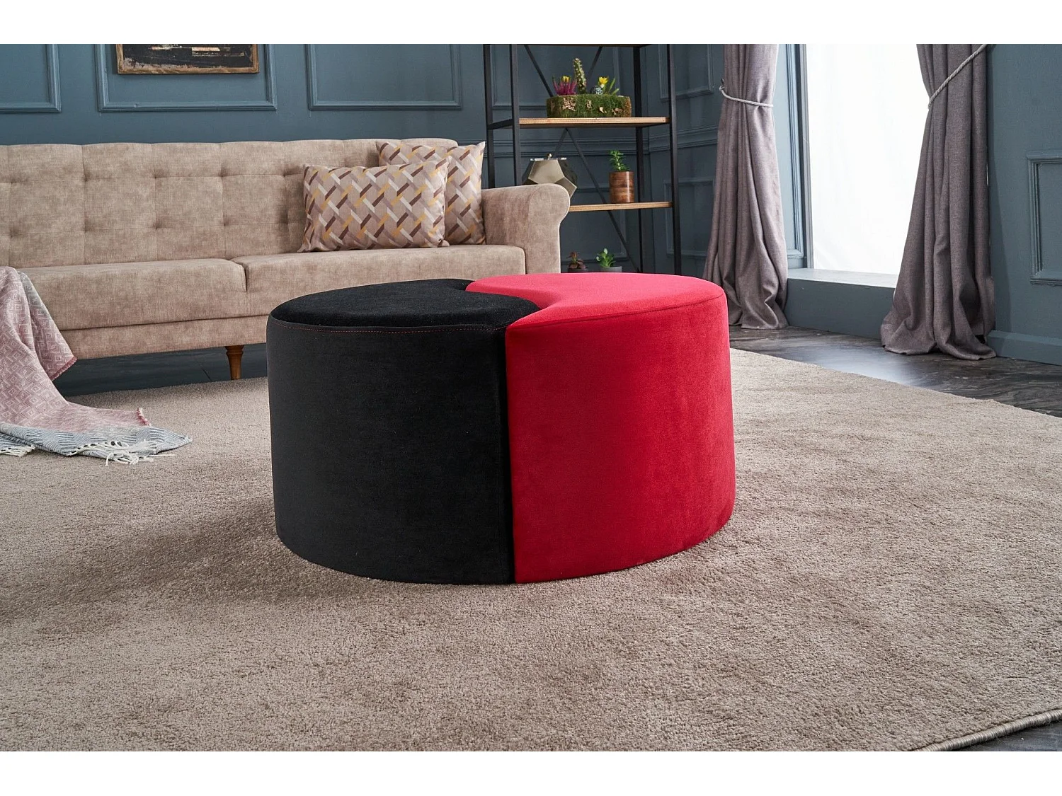 Lot de 2 poufs puzzle Ratsel L43xH40cm Velours Noir et Rouge