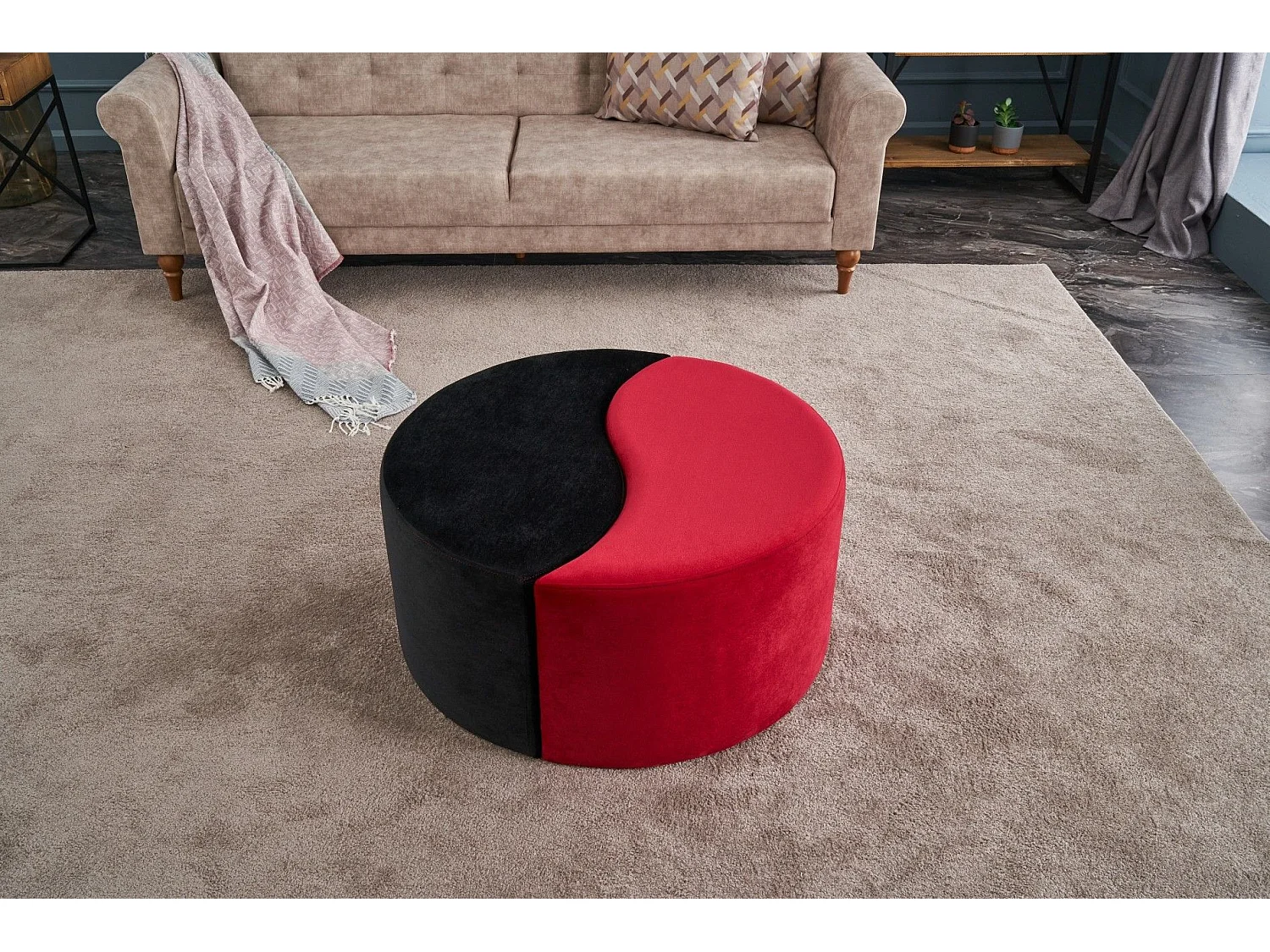 Lot de 2 poufs puzzle Ratsel L43xH40cm Velours Noir et Rouge