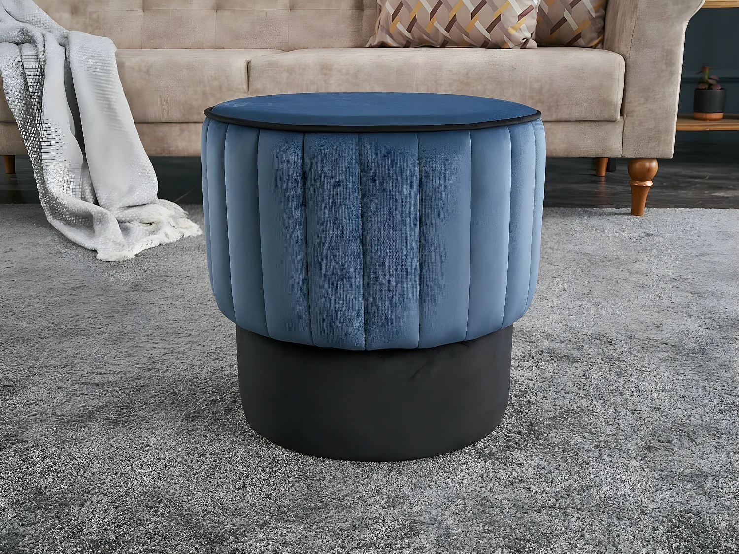 Pouf rond Sammy D40cm Velours Noir et Bleu