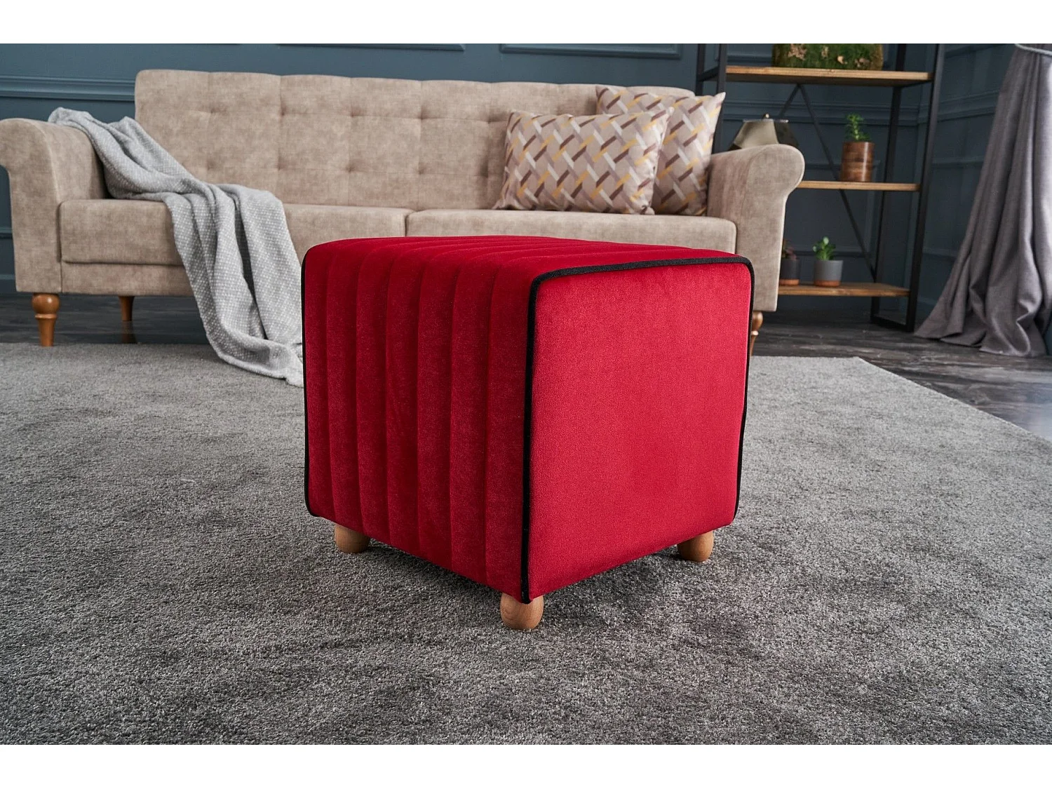 Pouf Sammy 40x40cm Velours Rouge bordure Noir
