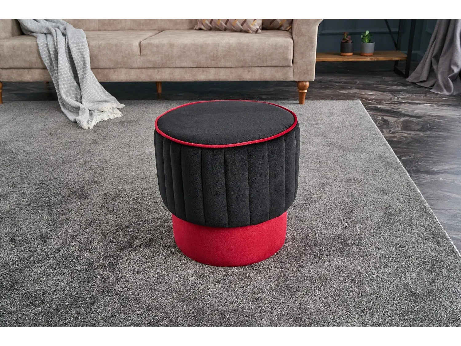 Pouf rond Sammy D40cm Velours Rouge et Noir