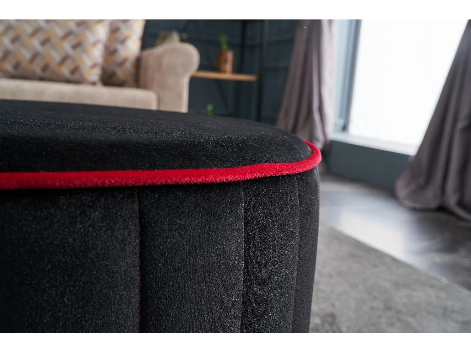 Pouf rond Sammy D40cm Velours Rouge et Noir
