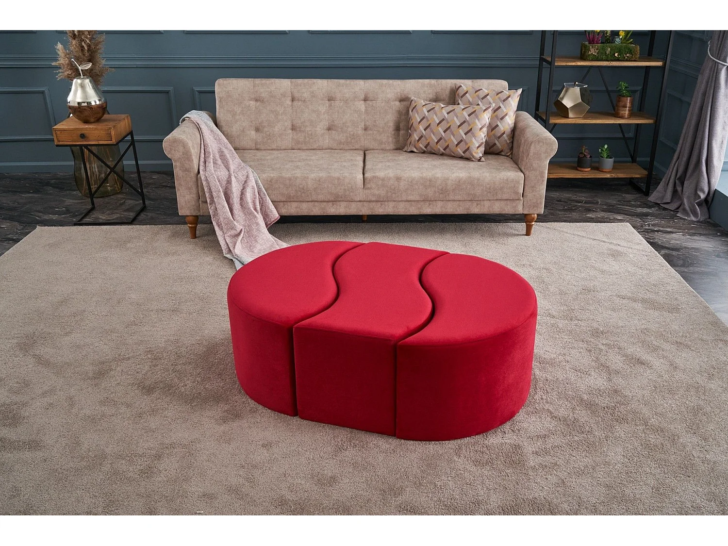 Lot de 3 poufs puzzle Ratsel Velours Rouge