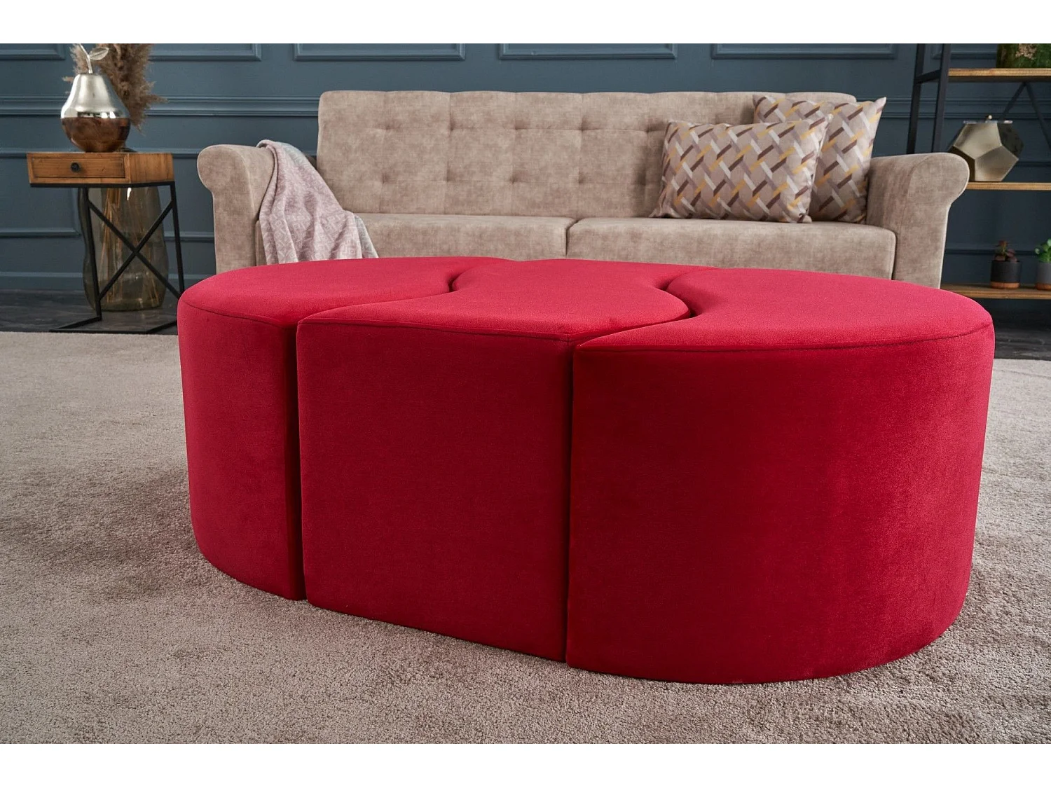 Lot de 3 poufs puzzle Ratsel Velours Rouge