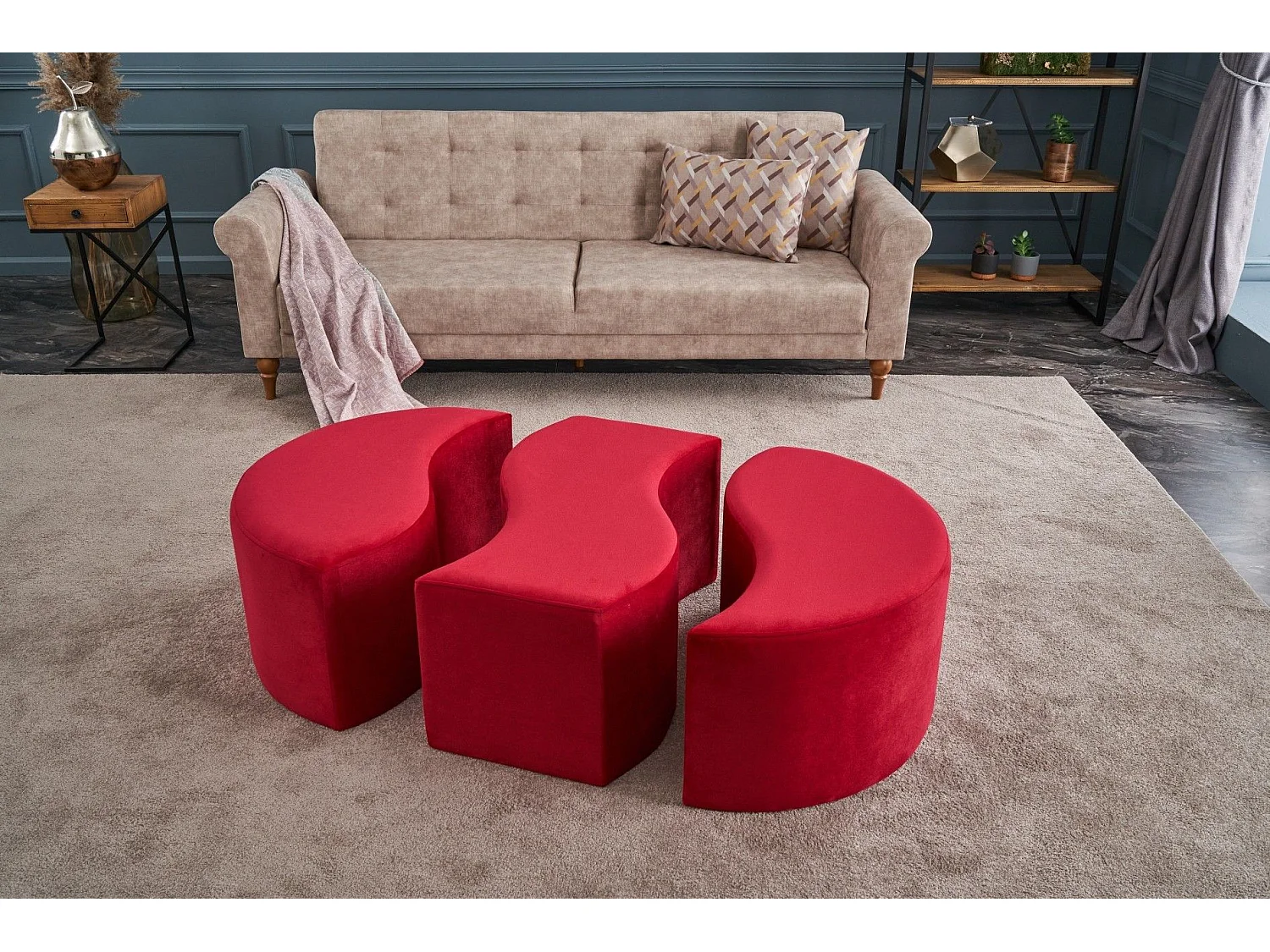 Lot de 3 poufs puzzle Ratsel Velours Rouge