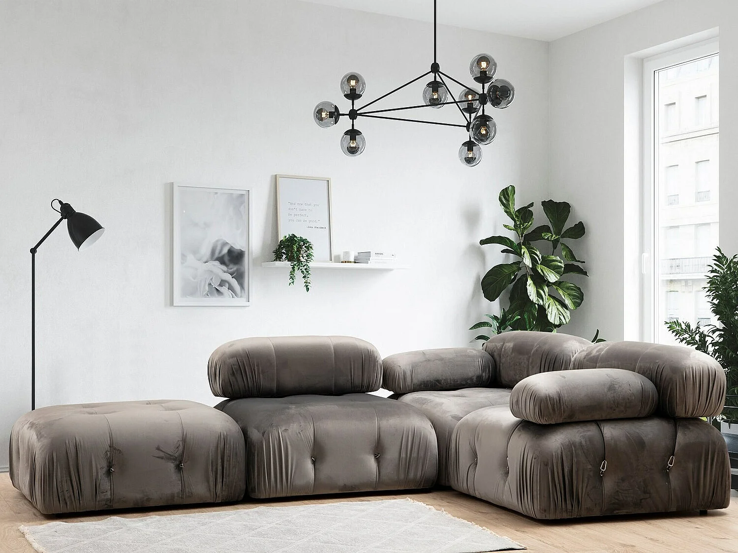 Puf Altadena A109, Gris, 45x95x95cm, Tapiz, Patas: Plástico