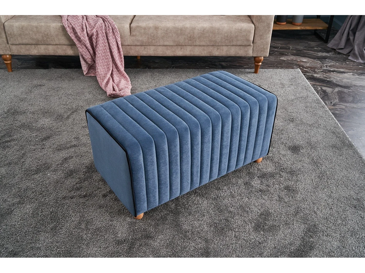 Pouf / Repose pied Sammy 80cm Bois Naturel et Velours Bleu