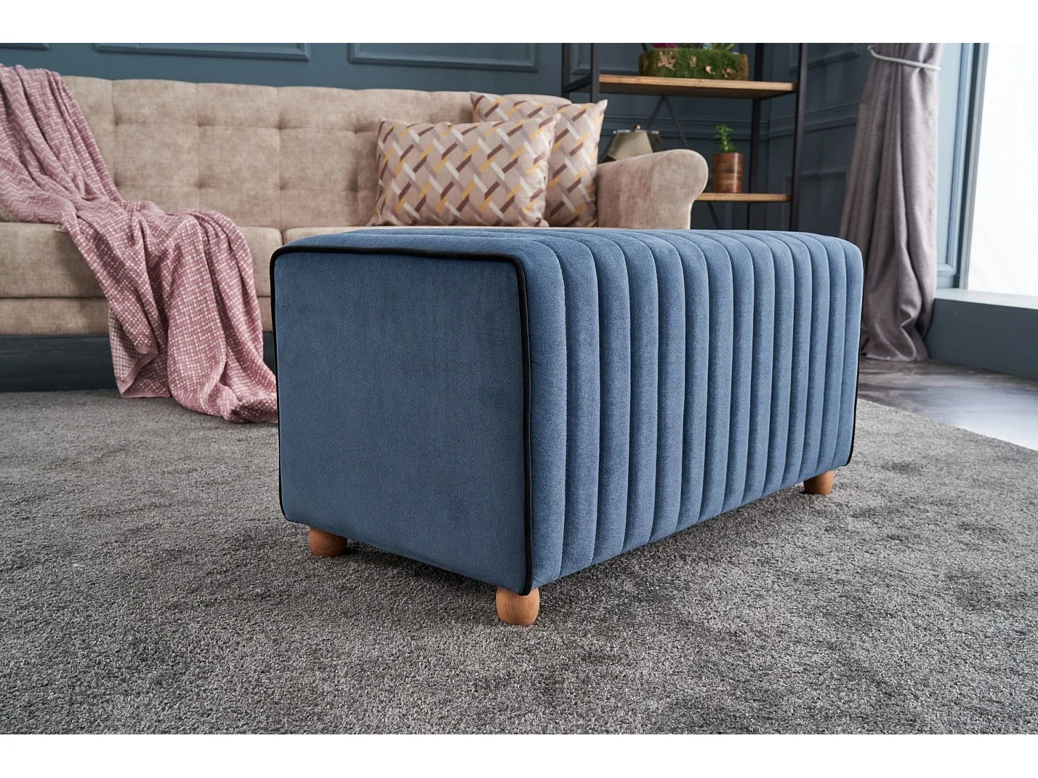 Pouf / Repose pied Sammy 80cm Bois Naturel et Velours Bleu