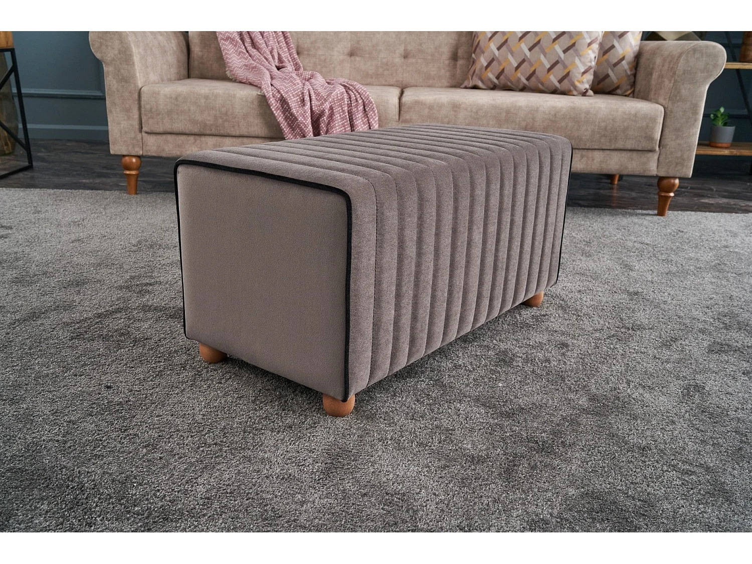 Pouf / Repose pied Sammy 80cm Bois Naturel et Velours Gris