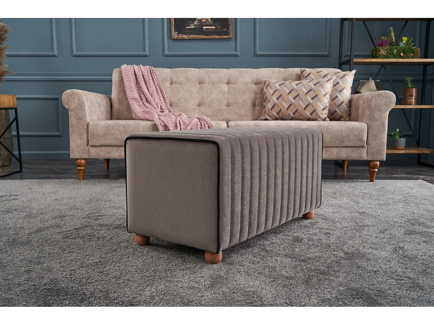 Pouf / Repose pied Sammy 80cm Bois Naturel et Velours Gris