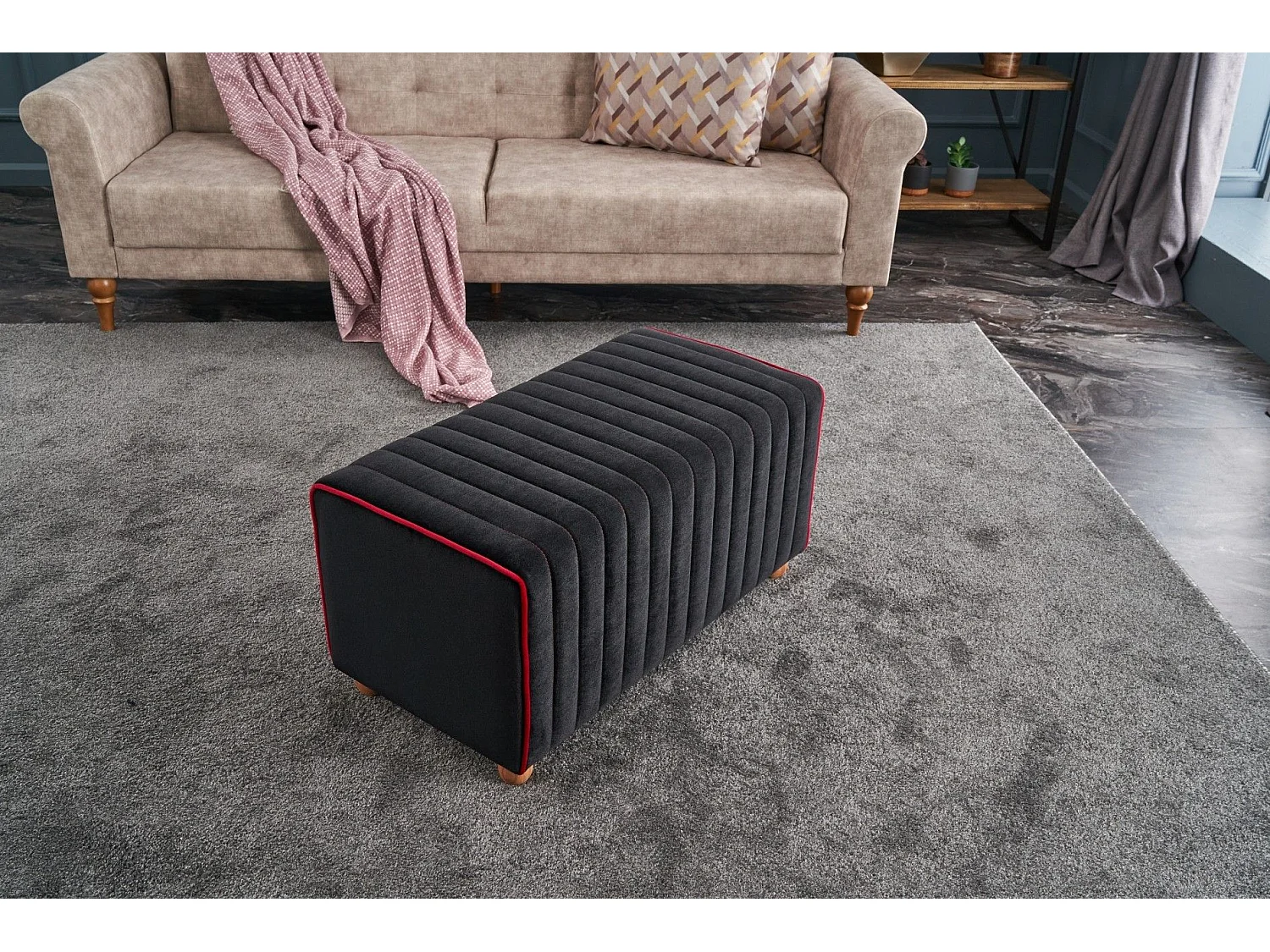 Pouf Sammy 80x40cm Velours Noir bordure Rouge
