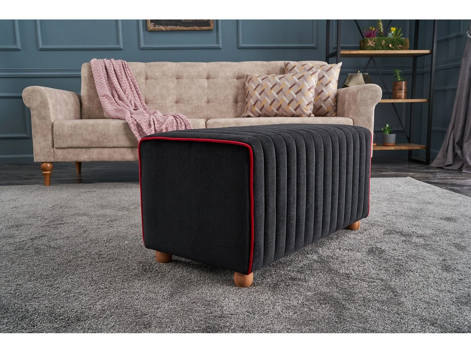 Pouf Sammy 80x40cm Velours Noir bordure Rouge