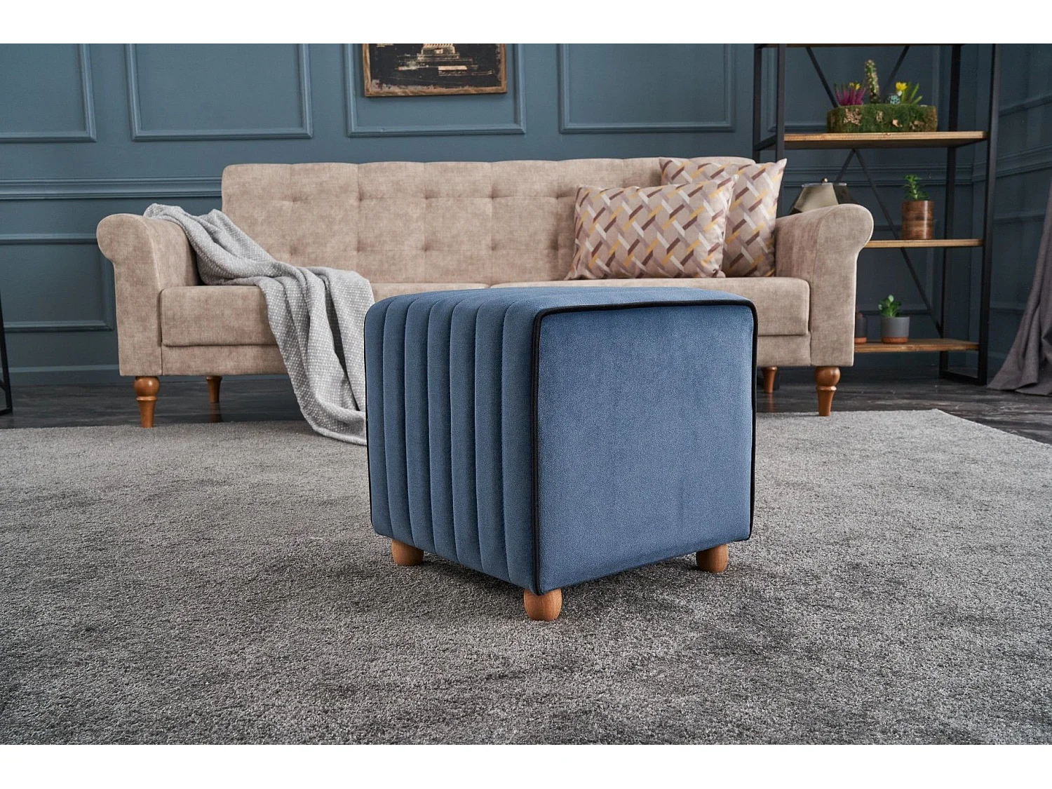 Pouf Sammy 40x40cm Velours Bleu bordure Noir