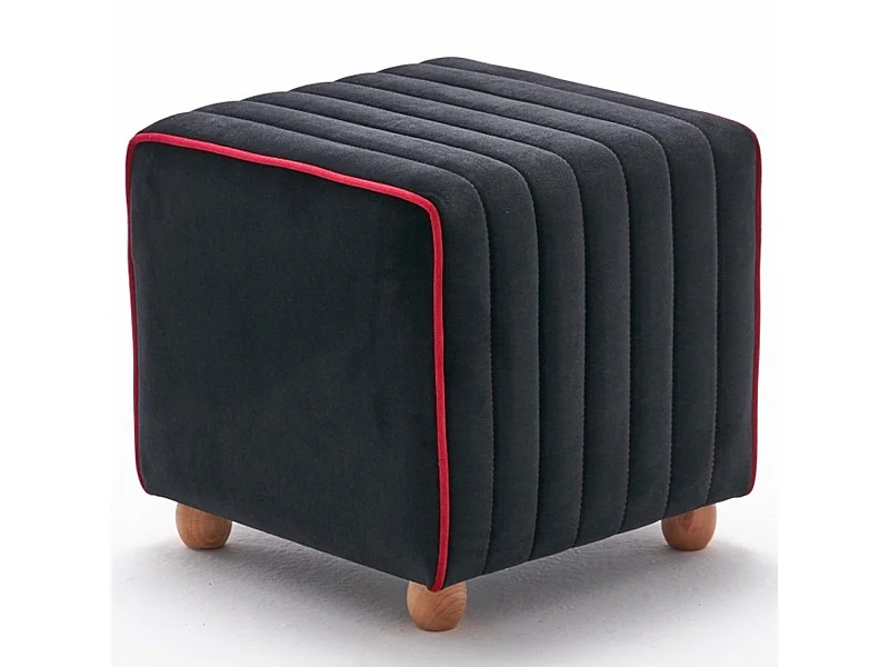Pouf Sammy 40x40cm Velours Noir bordure Rouge